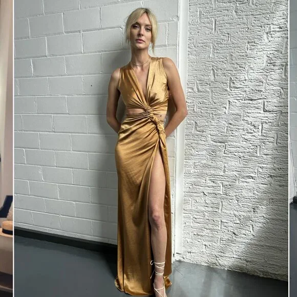 Sid Neigum  Satin Triple Loop Dress (Butterscotch, Size XS) - Picture 6 of 6